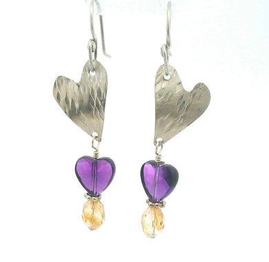 Buried Treasure Amethyst and Citrine Heart sterling earrings 2 1/8