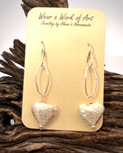 Load image into Gallery viewer, Heart-shaped earrings on a card with 'Wear a Work of Art' text, placed on a wooden surface.