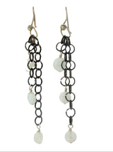 Load image into Gallery viewer, A pair of long dangling earrings with dark oxidized metal chain links, small moonstone beads, 