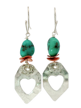 Load image into Gallery viewer, A pair of handmade dangle earrings featuring textured silver heart-shaped pendants, turquoise beads, and copper  accents, shown against a plain white background.
