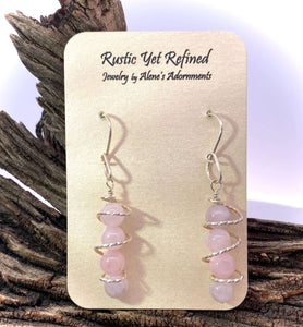 Sacred Spiral Rose Quartz sterling Silver Earrings 2" long