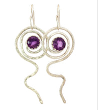 Load image into Gallery viewer, Silver earrings with purple gemstones on a white background