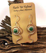 Load image into Gallery viewer, Copper, silver and malachite earrings on a rustic card with 'Rustic Yet Refined Jewelry by Alene's Adorments' text.