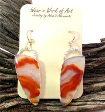Load image into Gallery viewer, Agate earrings on a display card with &#39;Wear a Work of Art&#39; text, placed on wooden background
