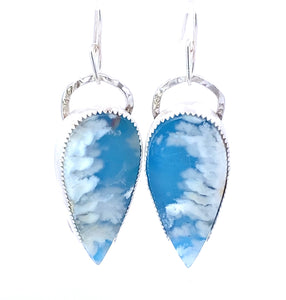 Cloud Dreams. Plume agate doublet gem earrings in fine silver. 2 1/8" long
