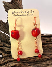Load image into Gallery viewer, Coral Gemstone copper earrings 2 3/8" long
