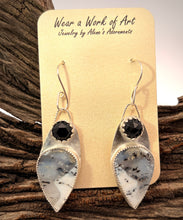 Load image into Gallery viewer, Pair of earrings with onyx and dendritic opal gemstones on a wooden surface with a card displaying 'Jewelry by Alene's Adornments'.