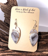 Load image into Gallery viewer, Pair of earrings on a gold card with 'Wear a Work of Art' text, placed on wooden surface.