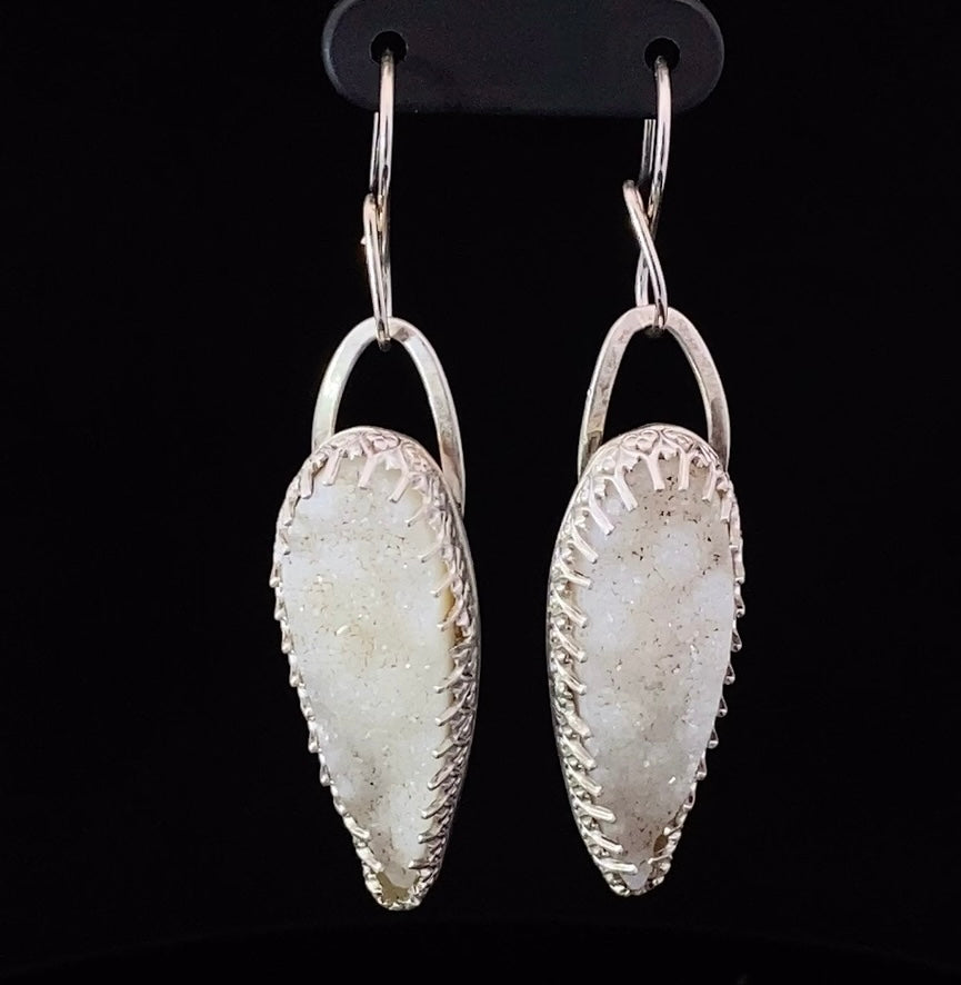 white druzy earrings in silver