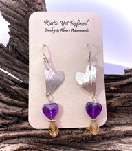 Load image into Gallery viewer, Buried Treasure Amethyst and Citrine Heart sterling earrings 2 1/8&quot; long