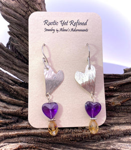 Buried Treasure Amethyst and Citrine Heart sterling earrings 2 1/8" long