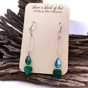 Malachite and Swarovski crystal Sterling earrings 2" long