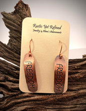 Load image into Gallery viewer, Patriot Collection. Antiqued Copper FREEDOM earrings 2" long