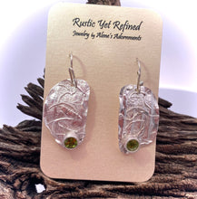 Load image into Gallery viewer, peridot gemstone earrings shown on romance card