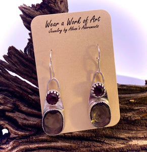 smoky quartz and garnet faceted earrings