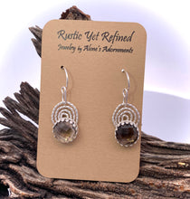 Load image into Gallery viewer, Smoky Quartz Fine Silver Sacred Spiral Earrings. 1 1/4&quot; long