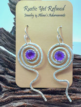 Load image into Gallery viewer, Sacred Spiral faceted amethyst and Fine Silver Earring. 2 3/8" long