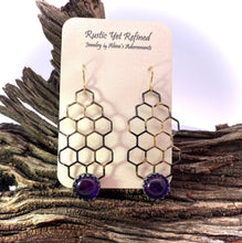 Load image into Gallery viewer, Amethyst gold earrings on romance card