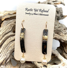 Load image into Gallery viewer, golden steel earrings on romance card