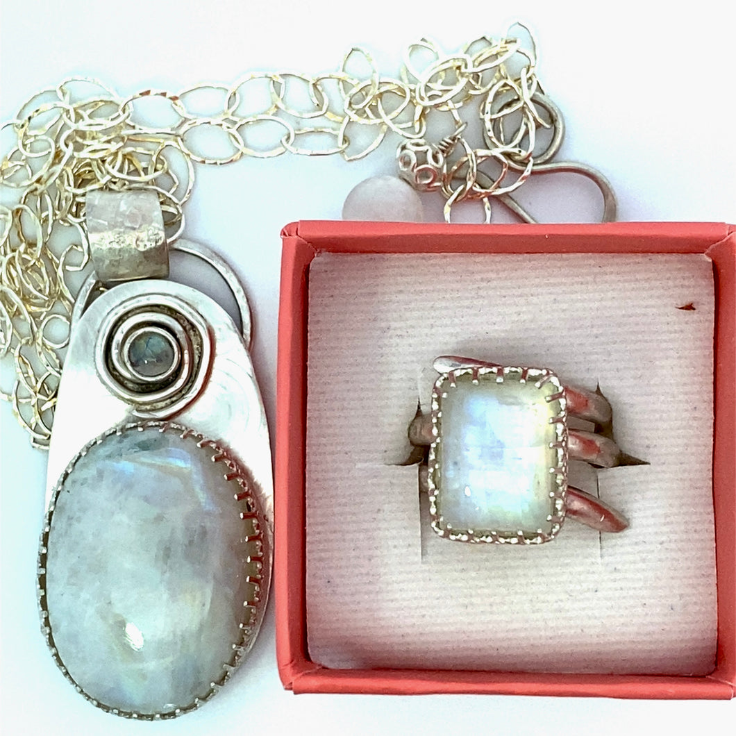 Custom Moonstone spiral pendant and ring