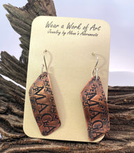 Load image into Gallery viewer, Copper earrings on a display card with &#39;Wear a Work of Art&#39; text, against a natural wood background.