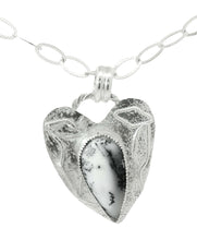 Load image into Gallery viewer, Silver heart-shaped dendritic opal pendant on a white background