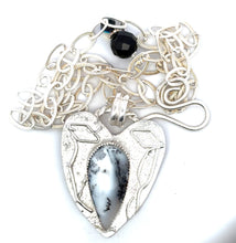 Load image into Gallery viewer, Silver pendant and chain with intricate designs and a dendritic opal gem