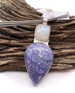 South Seas Treasure Moonstone and Grape Agate pendant 2 1/2" tall