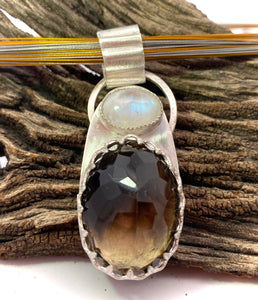smoky quartz and moonstone pendant in natural setting
