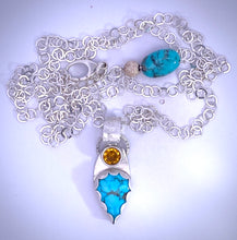 Load image into Gallery viewer, Handmade turquoise and citrine pendant on a silver chain, showcasing natural gems and unique design.