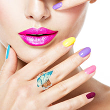 Load image into Gallery viewer, A close-up of a model's hand and lower face, showcasing a colorful ring with a cloud like gem on silver base, styled with pastel multicolor nail polish.