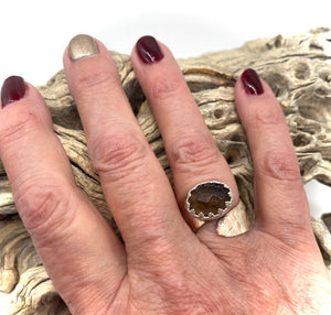 smoky quartz ring on hand