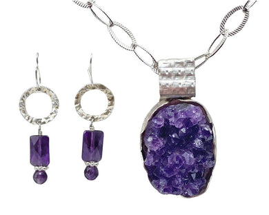 amethyst geode pendant and matching earrings