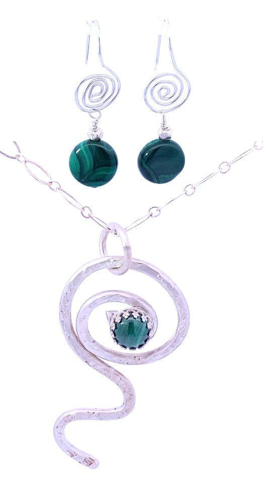 malachite spiral pendant and earring set