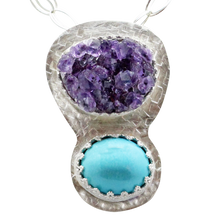 Load image into Gallery viewer, arizona turquoise and geode pendant. rustic jewelry design. amethyst geode pendant. february birthstone jewelry
