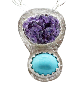 arizona turquoise and geode pendant. rustic jewelry design. amethyst geode pendant. february birthstone jewelry