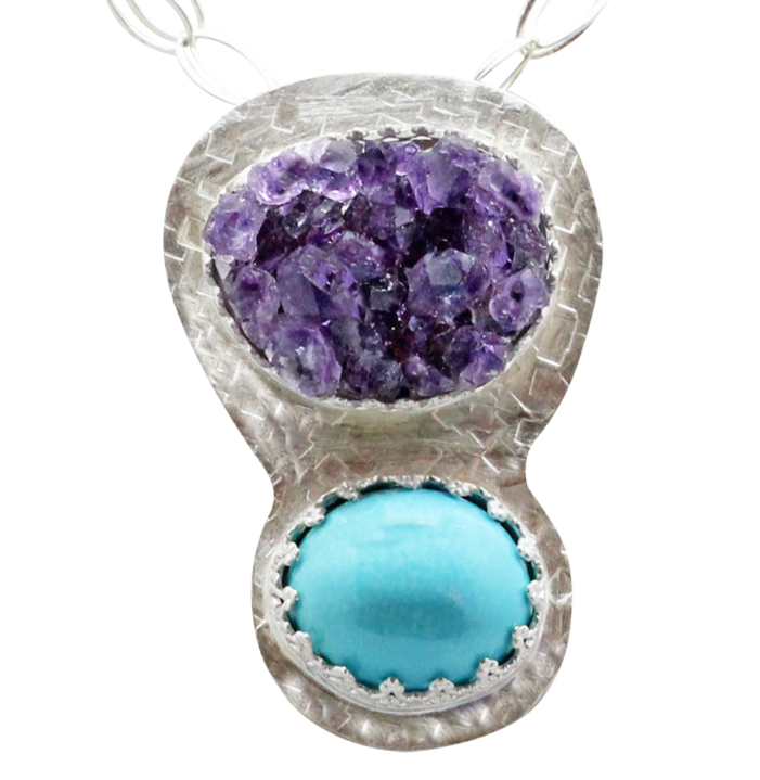 arizona turquoise and geode pendant. rustic jewelry design. amethyst geode pendant. february birthstone jewelry