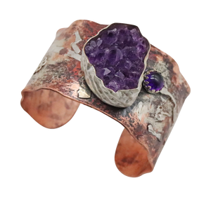 rustic jewelry cuff with amethyst geode gem
