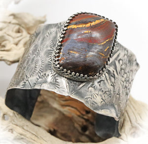 Antiqued  Sterling tiger Iron gemstone Cuff Bracelet.