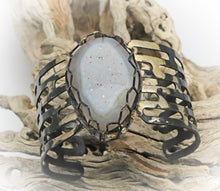 Load image into Gallery viewer, steel and gold druzy quartz cuff