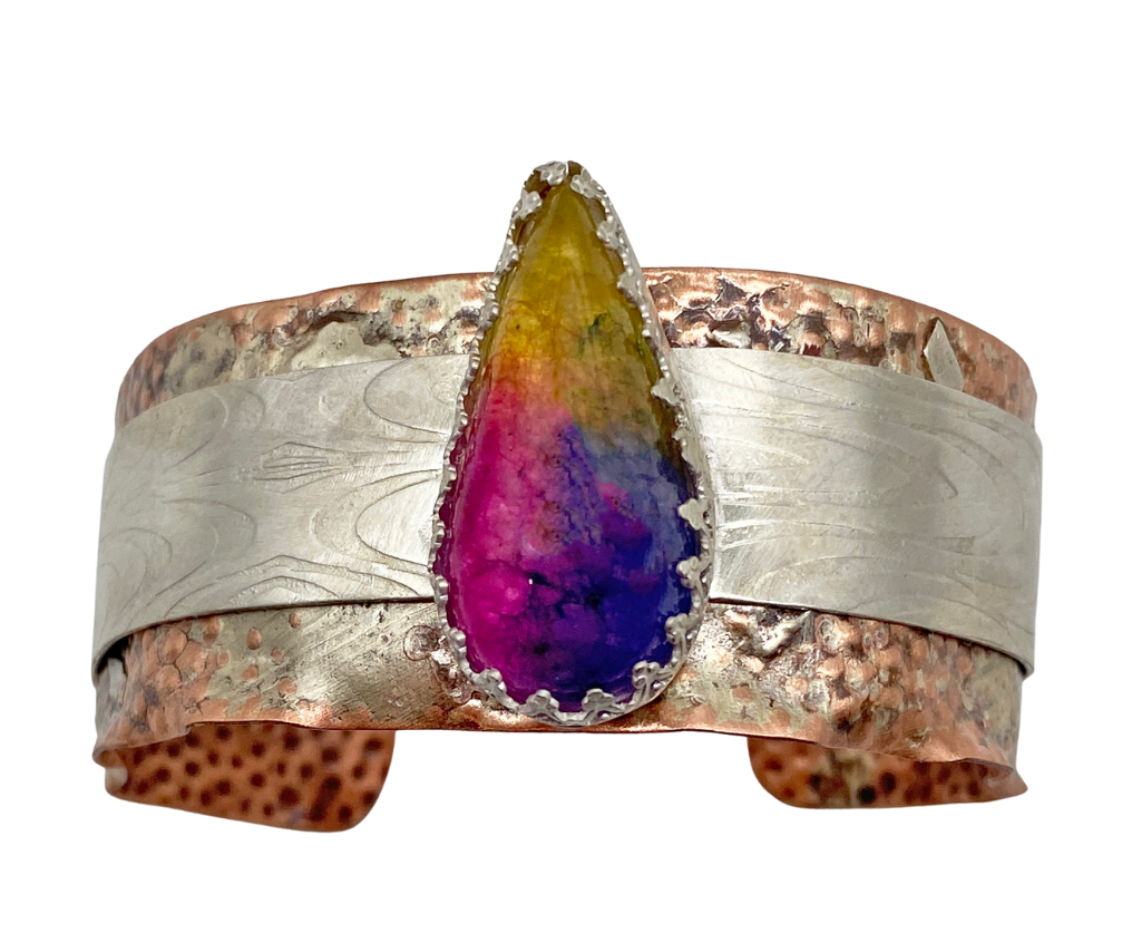 'Memories of Childhood' Rainbow Solar Quartz Copper & Sterling cuff bracelet 1