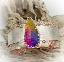 Load image into Gallery viewer, &#39;Memories of Childhood&#39; Rainbow Solar Quartz Copper &amp; Sterling cuff bracelet 1&quot; wide