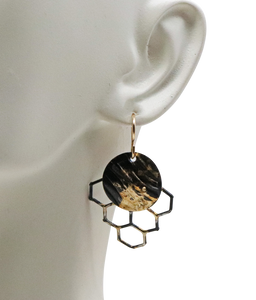 Golden Honeycomb Mini Earrings. 18k Gold and Steel. 1 3/8" long