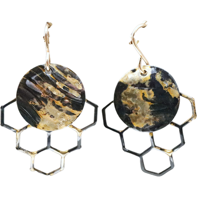Golden Honeycomb Mini Earrings. 18k Gold and Steel. 1 3/8