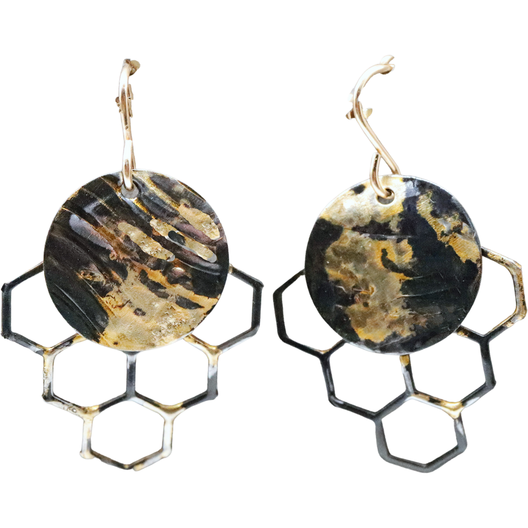 Golden Honeycomb Mini Earrings. 18k Gold and Steel. 1 3/8