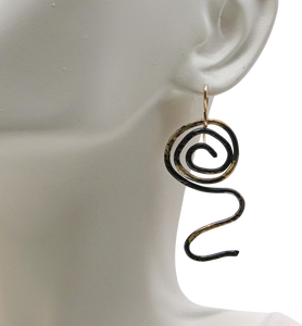 Sacred Spiral Steel and 18K gold Earring. 1 7/8" long