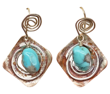 Load image into Gallery viewer, Copper, Sterling and Turquoise gemstone Earrings. Sacred Spiral Collection