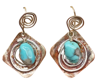 Copper, Sterling and Turquoise gemstone Earrings. Sacred Spiral Collection