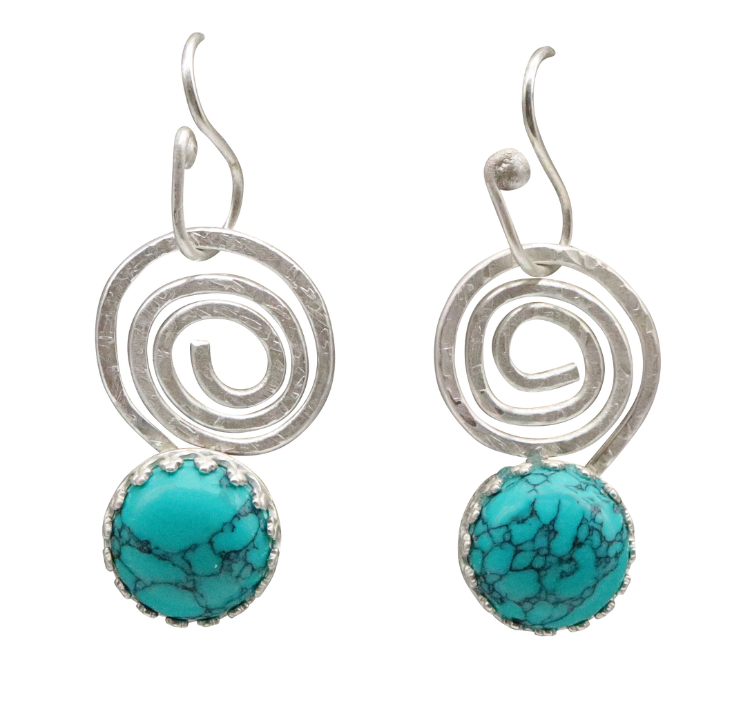 Sterling and Natural Turquoise gemstone Earrings. Sacred Spiral Collection