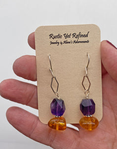free form amber and amethyst earrings on card